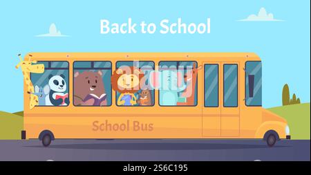 Schulbus. Zoo Tiere Charaktere zurück in die Schule auf gelbem Bus Vektor Lernkonzept. Schulbus mit Tieren fahren zur Bildungs-Illustration. Schulbus. Zoo Tiere Charaktere zurück in die Schule auf gelbem Bus Vektor Lernkonzept Stock Vektor