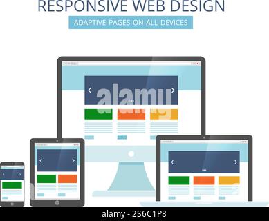 Reaktionsschnelles Webdesign. Minimalistische Layoutvorlage, die für alle Geräte geeignet ist, Computer Tablet Laptop und Smartphone-Vektorbilder. Abbildung: Laptop und Mobilgerät, adaptive Seite. Reaktionsschnelles Webdesign. Minimalistische Layoutvorlage, die für alle Geräte geeignet ist, Computer Tablet Laptop und Smartphone-Vektorbilder Stock Vektor