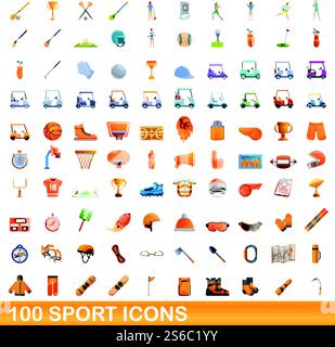 100 Sportsymbole eingestellt. Cartoon-Illustration von 100 Sport-Icons Vektor-Set isoliert auf weißem Hintergrund. 100 Sportsymbole im Zeichentrickstil Stock Vektor