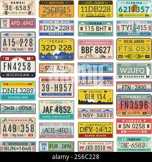 Autokennzeichen. Satz amerikanischer Fahrzeuge Autokennzeichen, Lizenzvektorabbildungen. Automatische Registrierungsnummer, Transportinformationen. Autokennzeichen. Satz amerikanischer Fahrzeuge Autokennzeichen, Lizenzvektorabbildungen Stock Vektor