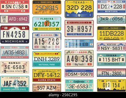 Autokennzeichen. Autobahnnummern alte Retro-Vektorschilder Sammlung. Abbildung: Autokennzeichen, Auto-Nummernwagen. Autokennzeichen. Autobahnnummern alte Retro-Vektorschilder Sammlung Stock Vektor