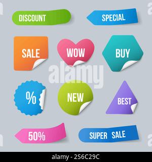 Werbeaufkleber. Sale Promo-Etiketten für neue Produkte Abzeichen aus Papier mit gewellten Ecken und realistischer Schatten-Vektorvorlage. Abbildung: Aufkleber mit Werbung für Verkauf und Rabatt. Werbeaufkleber. Sale Promo-Etiketten für neue Produkte Abzeichen aus Papier mit gewellten Ecken und realistischer Schatten-Vektorvorlage Stock Vektor