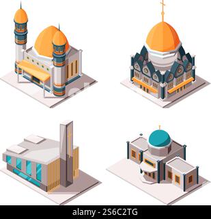 Religiöse Gebäude. Muslimische Moschee lutherische Kirche christliche und katholische Kultur traditionelle Religion isometrische Vektorobjekte. Illustration der muslimischen christlichen und katholischen Kirche. Religiöse Gebäude. Muslimische Moschee lutherische Kirche christliche und katholische Kultur traditionelle Religion isometrische Vektorobjekte Stock Vektor
