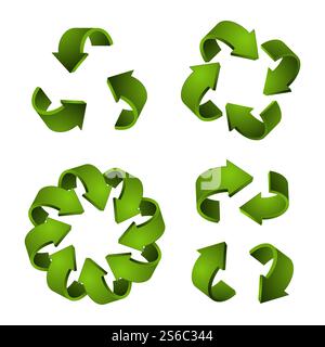 Symbole für 3D-Wiederverwendung. Grüne Vektorpfeile, Recycling-Symbole auf weißem Hintergrund isoliert. Abbildung: Pfeil-Recycling, umweltfreundliches Recycling. Symbole für 3D-Wiederverwendung. Grüne Vektorpfeile, Recycling-Symbole auf weißem Hintergrund isoliert Stock Vektor