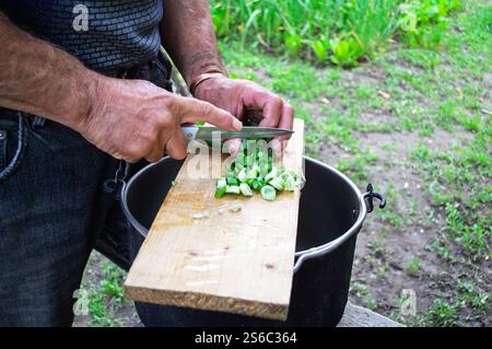 Alter Mann, der Frühlingszwiebeln auf einem Holzblock im Topf im Freien hackt Stockfoto