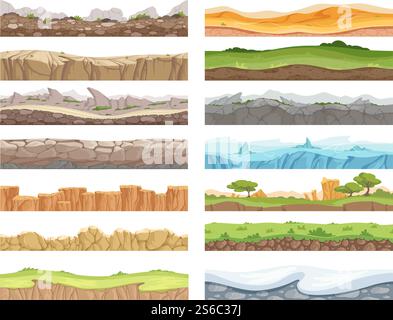 Spiel nahtlos. Cartoon Rock Dirt Landschaft Stein Boden Asset 2D Boden Vektor Hintergrund. Spiel nahtlose Boden und Gras, Schnee-Oberfläche Illustration. Spiel nahtlos. Cartoon Rock Dirt Landschaft Stein Boden Asset 2D Boden Vektor Hintergrund Stock Vektor