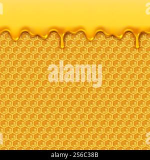 Flüssiges Honigmuster. Bienenwaben und Honigtropfen Sirup natürliches gelbes Produkt nahtloser Vektor Hintergrund. Abbildung des Wabenmusters und des Tropfstroms des gelben Honigs. Flüssiges Honigmuster. Bienenwaben und Honigtropfen Sirup natürliches gelbes Produkt nahtloser Vektor Hintergrund Stock Vektor