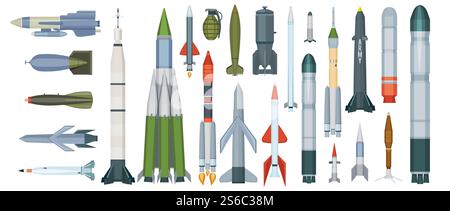 Armeewaffen. Propellermotor militärische Rakete gefährliche ballistische Waffen Vektor-Zeichentricksammlung. Waffenkraft, Sprengkopf-Rakete, explosive Atombombe Illustration. Armeewaffen. Propellermotor militärische Rakete gefährliche ballistische Waffen Vektor-Zeichentricksammlung Stock Vektor