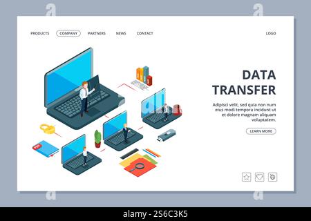 Landing-Page für Datenübertragung. Webseite zur Übertragung von isometrischen Informationen. Geschäftsteam, lokales Netzwerk. Datenübertragungsdaten, Datenübertragungsinformationen für Rechenzentren in der Cloud. Landing-Page für Datenübertragung. Webseite zur Übertragung von isometrischen Informationen. Geschäftsteam, lokales Netzwerk Stock Vektor