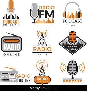 Funklogo. Podcast Türme drahtlose Abzeichen Radiosender Symbole Vektorsammlung. Abbildung: Emblem des drahtlosen Radiosenders. Funklogo. Podcast Türme drahtlose Abzeichen Radiosender Symbole Vektorsammlung Stock Vektor