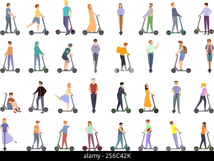 Symbole für Elektroroller gesetzt. Zeichentricksatz von Elektrorollern Vektorsymbolen für Webdesign. Elektroroller-Symbole Set, Cartoon-Stil Stock Vektor