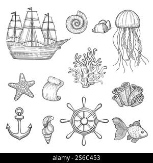 Nautische Elemente. Ozean Fisch Muscheln Boote Schiffe Knoten Reise Marine Symbole Vektor Hand gezeichnete Sammlung. Meeres- und Meereselemente, Boot- und Muschelillustration. Nautische Elemente. Ozean Fisch Muscheln Boote Schiffe Knoten Reise Marine Symbole Vektor Hand gezeichnete Sammlung Stock Vektor