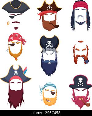 Piratenmasken. Karneval Kostüme Element Schnurrbart Hut Barthaken Haar Vektor Kreation Kit. Piratenkostüm und Maske Karneval, lustige Geburtstagsmaskerade Illustration. Piratenmasken. Karneval Kostüme Element Schnurrbart Hut Barthaken Haar Vektor Kreation Kit Stock Vektor