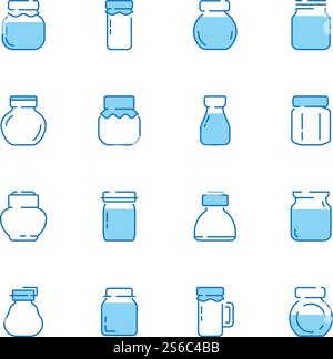 Symbol für Flaschenlinie. Glas verpackt mit gesunden Lebensmitteln Marmelade Produkte Glasflaschen Vektorsymbole. Illustration Glasflasche, Glas mit Milch, Honig und anderen. Symbol für Flaschenlinie. Glas verpackt mit gesunden Lebensmitteln Marmelade Produkte Glasflaschen Vektorsymbole Stock Vektor