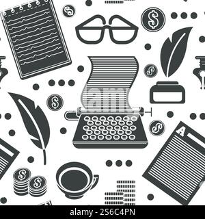 Copyright-Symbole, Schreibmaschine und Tintentopf mit Federn nahtlosem Muster isoliert auf weißem Hintergrund Vektor. Brille und Notizbuch mit Schriftzügen. Eine Tasse Kaffee und Geldmünzen im Stapel. Copyright-Symbole, Schreibmaschine und Tintenbehälter mit Federn Stock Vektor
