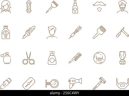 Barbershop-Symbol. Mann rasiert und pflegt Werkzeuge Schönheit Friseur Salon Haar Trimmen Vektor dünne Linie Symbole. Illustration für Haarschnitt und Haarpflege, Rasierer und anderes Zubehör. Barbershop-Symbol. Mann rasiert und pflegt Werkzeuge Schönheit Friseur Salon Haar Trimmen Vektor dünne Linie Symbole Stock Vektor