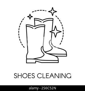 Schuhreinigung und Pflege für Stiefel Vektor, isoliertes Logo oder farbloses Symbol mit Glitzern und Glühen. Polieren und Wachsen von Schuhen. Pflege von Kleidung, flache Linie Illustration. Schuhreinigungsservice für Vintage-Stiefel Icon Stock Vektor