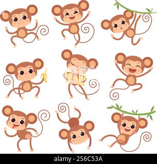 Affen-Baby. Wilde Zeichentricktiere spielen und essen Bananenvektorfiguren von Affen. Affe und Primatenfigur mit Bananenillustration. Affen-Baby. Wilde Zeichentricktiere spielen und essen Bananenvektorfiguren von Affen Stock Vektor