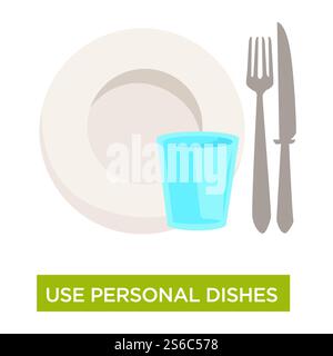 Tuberkuloseprävention oder Vorbeugungsmaßnahmen, ärztliche Beratung isolierter Icon-Vektor. Persönliche Geschirr verwenden, verhindern die Verbreitung von Krankheiten, Medizin und Gesundheitswesen. Teller und Becher, Messer und Gabel, Geschirr. Persönliche Gerichte verwenden, Tuberkulose Krankheit Verbreitung Prävention Stock Vektor