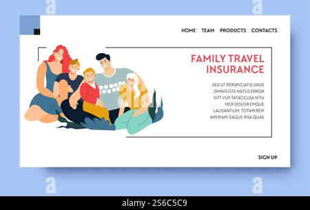 Reiseversicherung, Schutz vor Gefahren, Bereitstellung von Sicherheitslandewebseite Vorlagenvektor. Politik und Familie, sicherer Urlaub, Unfallverhütung. Ärztliche Behandlung und finanzielle Bezahlung. Familienreiseversicherung mit Vorlage für Sicherheitslandingwebseiten Stock Vektor