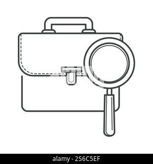 Lupe mit Portfolio-Aktentasche, Job-Jagd-Linie isolierter Icon-Vektor. Lupe und Business Case, lebenslauf und Arbeitssuche. Beschäftigung, Kopfjagd und Berufssymbole, freie Stelle. Jobsuche-Symbol, Lupe und Portfolio-Aktentasche Stock Vektor