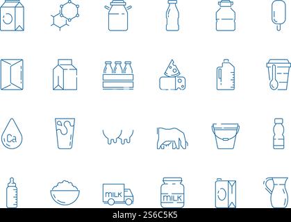 Milchsymbole. Flaschengläser Plastikbehälter mit Bauernprodukten Käse Joghurt Eis Molkerei Vektor Milch Symbole. Illustration Bauernmilch und Flasche Milchcreme und Joghurt. Milchsymbole. Flaschengläser Plastikbehälter mit Bauernprodukten Käse Joghurt Eis Molkerei Vektor Milch Symbole Stock Vektor