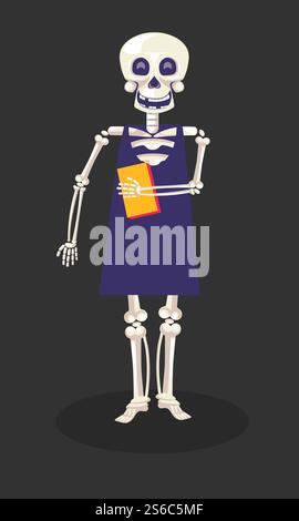 Skelett im Kleiderbuch, Tag der Toten, mexikanisches Feiertagssymbol, Dia de Los Muertos Partyvektor. Kleidung und Lehrbuch, Schädel und Knochen im Sommerkleid. Calaca und Reading, das Maskottchen des Nationalfestes. Tag des Todes, Skelett im Kleiderbuch, mexikanischer Feiertag Stock Vektor