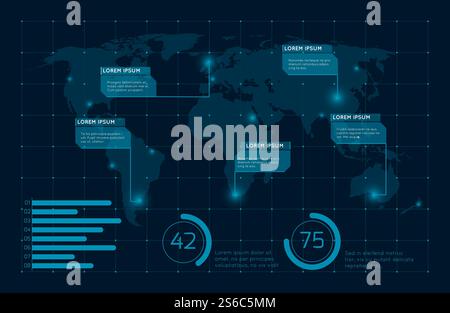 Abstrakte blaue Infografik-Weltkarte Vektor-Illustration. Weltkarte global, Geschäftsgeographie Karte. Abstrakte blaue Infografik-Weltkarte Vektor-Illustration Stock Vektor