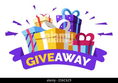 Werbegeschenke, Social-Media-Wettbewerbe und Sonderangebote, Geschenkboxen oder Präsentationen isolierter Ikonenvektor. Like und reposte, Geschäftskonto, Gewinner-Preis. Internet-Post, Überraschungspaket, Abonnenten-Belohnung. Social-Media-Wettbewerb, Werbegeschenke und Sonderangebot, Geschenkboxen Stock Vektor