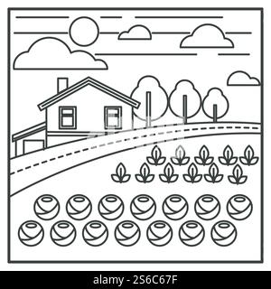 Landwirtschaft und Landwirtschaft, Landhaus und Gemüsegarten Umriss Zeichnung Vektor. Bio-Lebensmittel, Kohlreihen, Land und Ackerland. Dorfbau und Feld mit wachsenden Pflanzen, Ernte. Gemüsegarten und Dorfhaus, Land und Ackerland, Landwirtschaft Stock Vektor