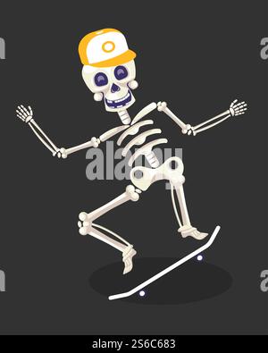 Skelett Skateboard reiten, Tag der Toten, mexikanisches Feiertagssymbol, Dia de Los Muertos Partyvektor. Skateboard, Skateboarder in Cap, Schädel und Knochen mit Zubehör. Calaca trägt Hut, Nationalfeier. Tag der Toten, Skelett im Skateboard, mexikanisches Feiertagssymbol Stock Vektor