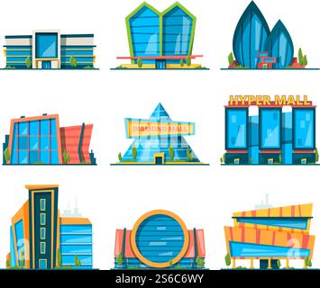 Mall Flat. Große städtische Ladengebäude, Supermarkt, Einkaufshäuser, Vektorkollektion. Sammlung von Hypermarkt-, Einkaufs- und Ladenarchitektur, Illustration von Ladengeschäften und Supermärkten. Mall Flat. Große städtische Ladengebäude, Supermarkt, Einkaufshäuser, Vektorkollektion Stock Vektor