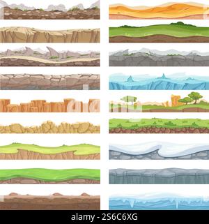 Spieletage. Asset Textur unterschiedlicher Boden von Steinen Eis Schmutz Landschaft nahtloser Vektor Hintergrund. Schnee und Erde im Vordergrund für die Illustration des Spiels. Spieletage. Asset Textur unterschiedlicher Boden von Steinen Eis Schmutz Landschaft nahtloser Vektor Hintergrund Stock Vektor