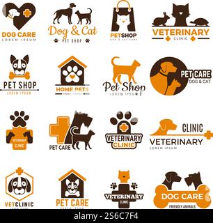 Logo der VET Clinic. Haustiere Shop Katzen Hunde Haustiere Schutz freundliche lustige Symbole Vektor Sammlung. Illustration Vektor Logo Kätzchen, Haustiergeschäft, Hund und Katze Pflege. Logo der VET Clinic. Haustiere Shop Katzen Hunde Haustiere Schutz freundliche lustige Symbole Vektor Sammlung Stock Vektor