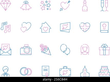 Hochzeit Icon Kollektion. Braut Blumenstrauß Einladung Party Geschenke Hochzeit Artikel Kuchen Kamera Fotografie Technik Vektor dünne Symbole. Hochzeit, Umschlag und Blumenstrauß, Herz und Kuchen Illustration. Hochzeit Icon Kollektion. Braut Blumenstrauß Einladung Party Geschenke Hochzeit Artikel Kuchen Kamera Fotografie Technik Vektor dünne Symbole Stock Vektor