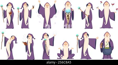 Assistent. Geheimnisvoller männlicher Magier im Gewand, der alte merlin-Vektor-Zeichentrickfiguren buchstabiert. Zauberer-Charakter im Kostüm, Zauberer, Hexerei und magische Illustration. Assistent. Geheimnisvoller männlicher Magier im Gewand, der alte merlin-Vektor-Zeichentrickfiguren buchstabiert Stock Vektor