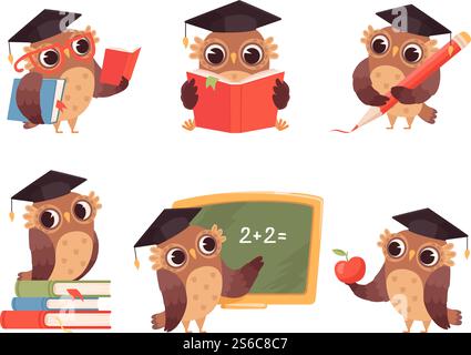 Eulenlehrer. Zeichentrickvogel Charaktere mit Schulartikeln niedliche Maskottchen lesen ZeigeVektor Illustration. Eulen-clever, Maskottchen akademischer Vogel, Lehrer Weise. Eulenlehrer. Zeichentrickvogel Charaktere mit Schulartikeln niedliche Maskottchen lesen zeigende Vektor-Illustrationen Stock Vektor