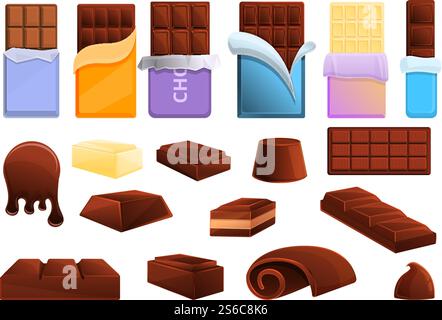 Schokoladensymbole Set. Zeichentricksatz von Schokoladen-Vektor-Icons für Web-Design. Schokoladen-Ikonen-Set, Cartoon-Stil Stock Vektor