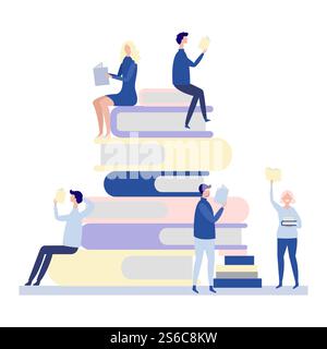 Leute lesen Papierbücher Vektor Illustration isoliert auf weißem Hintergrund. Leute lesen Bücher, Studentenausbildung auf Stack Lehrbücher. Leute lesen Papierbücher Vektor Illustration isoliert auf weißem Hintergrund Stock Vektor