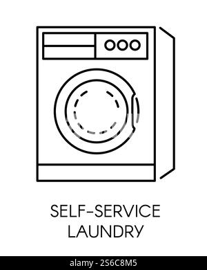 Self-Service-Wäscheservice Icon, Service für das Waschen von Kleidung selbst Vektor. Isoliertes Symbol oder Logo des Unternehmens, das Menschen mit Maschinen versorgt. Waschmaschine mit Glasfenster und flachen Knöpfen. Selbstbedienungs-Wäscheservice-Symbol, Service zum Selbstwaschen von Kleidung Stock Vektor