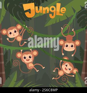 Affen spielen. Kleine wilde Tiere sitzen und essen Banane auf Dschungelbaum Vektor Schimpansen Karikaturhintergrund. Illustration eines Schimpansen, der in Zeichentrickfilmen schwingt und hängt. Affen spielen. Kleine wilde Tiere sitzen und essen Banane auf Dschungelbaum Vektor Schimpansen Karikaturhintergrund Stock Vektor