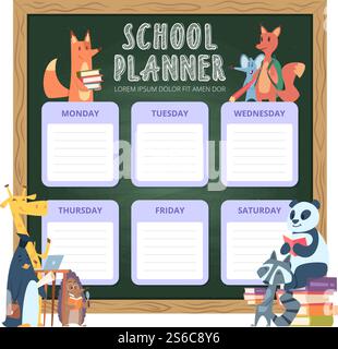 Planer für Kinder. Schule persönliche Liste Organisation für Woche lustige Cartoon Tiere Illustrationen Vektor. Schulnotizseite wöchentlich, Planerplan. Planer für Kinder. Schule persönliche Liste Organisation für Woche lustige Cartoon Tiere Illustrationen Vektor Stock Vektor
