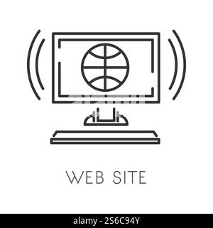 Website-Erstellung isoliertes lineares Symbol, Planetensymbol auf Monitorvektor. Internet-Seite und Browser, Online-Hosting und Webdesign-Service,. Homepage, Entwicklung von IT-Technologien, soziale Medien. Lineares Symbol für Planeten oder Globus, isoliertes Symbol für die Erstellung von Websites Stock Vektor