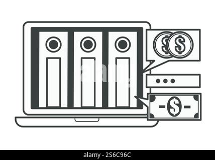 Finanzbibliothek mit Dateien, die Informationen über Budget und Geldvektor enthalten. Ein isoliertes Symbol mit Laptop-Bildschirm und Bargeld in us-Dollar. Dollarmünzen und -Banknoten per Computer. Finanzbibliothek mit Dateien, die Informationen zum Budget enthalten Stock Vektor
