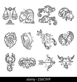 Sternzeichen. Astrologie Horoskop Zeichen Tätowierungen Löwenarie Fisch Krebs Vektor Grafiken. Illustration sagittarius und Arien, Stier und Löwe, wassermann und Krebs. Sternzeichen. Astrologie Horoskop Zeichen Tätowierungen Löwenarie Fisch Krebs Vektor Grafiken Stock Vektor