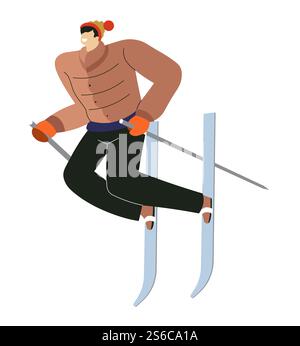 Skier Jumping, Wintersport, Mann am Himmel mit Stöcken isolierten männlichen Charaktervektor. Bergski, Sportler reiten im Mantel und Strickmütze. Winterresort, Sportausrüstung, Erholung. Skisport in den Bergen, Mann am Himmel mit Stöcken isolierten Charakter Stock Vektor