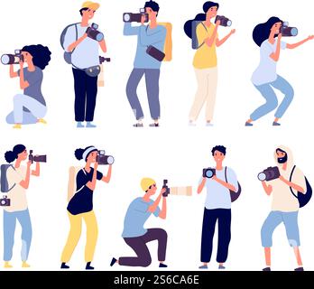 Zeichentrickfotografen. Die Leute fotografieren mit der Kamera. Amateur- und Berufsfotografie. Isolierter Vektorzeichensatz. Amateur-Profi, Kamera und Fotograf Illustration. Zeichentrickfotografen. Die Leute fotografieren mit der Kamera. Amateur- und Berufsfotografie. Isolierter Vektorzeichensatz Stock Vektor