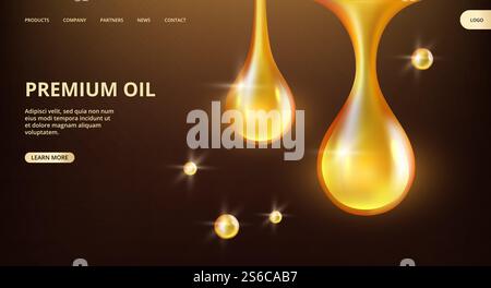Startseite für ätherisches Öl. Webbanner „Vector Shine Fließend Drops“. Banner für Premium-Öl, Benzin. Abbildung: Realistisches Benzin-Öl, Flüssigkeitstropfen. Startseite für ätherisches Öl. Webbanner „Vector Shine Fließend Drops“. Banner für Premium-Öl, Benzin Stock Vektor