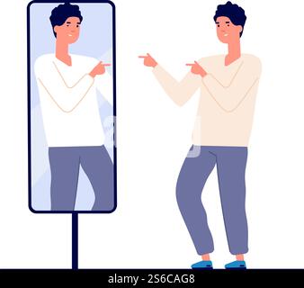 Mann im Spiegel. Ein Mann, der sich selbst aussehend reflektiert, Liebe zum selbst. Narzissmus und Eitelkeit. Egoismus gespiegeltes Vektorkonzept. Illustration von Egoismus, Narzisstik und Bewunderung. Mann im Spiegel. Ein Mann, der sich selbst aussehend reflektiert, Liebe zum selbst. Narzissmus und Eitelkeit. Egoismus gespiegeltes Vektorkonzept Stock Vektor