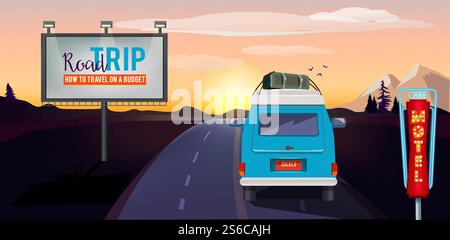 Roadtrip. Abenteuer auf der Straße im Auto Sommerurlaub urbane Landschaft Vektor Karikaturhintergrund. Roadtrip. Abenteuer auf der Straße im Auto Sommerurlaub städtische Landschaft Vektor Hintergrund Stock Vektor